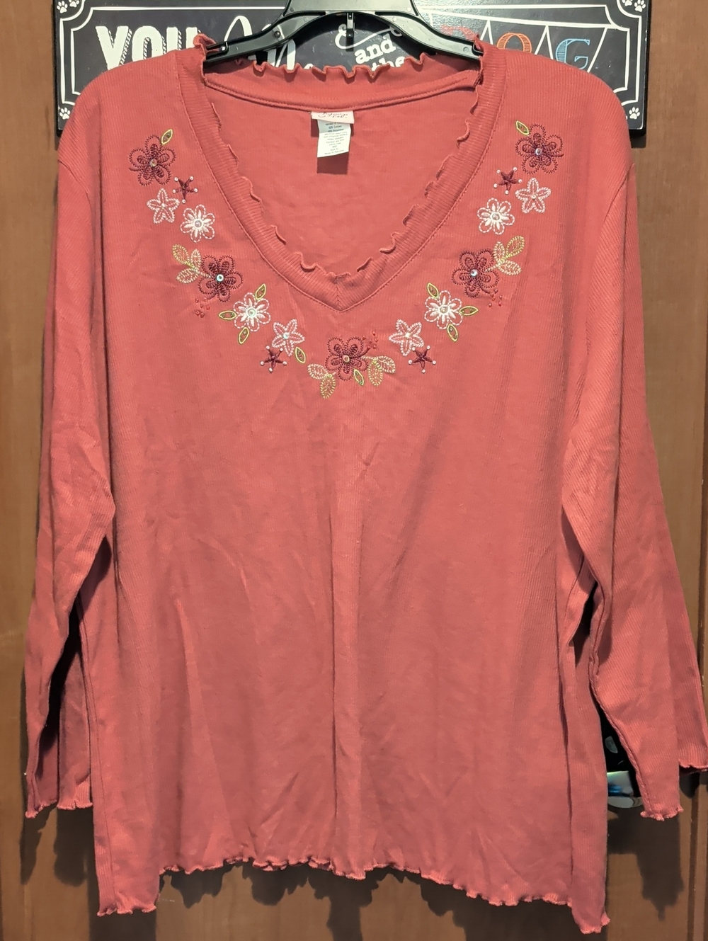 Adrian Dilafield Embroidered V-Neck Long Sleeve Tee - Dusty Rose